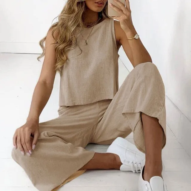 2 Piece Casual Sleeveless O-neck Shirt Loose Pants Suits Set