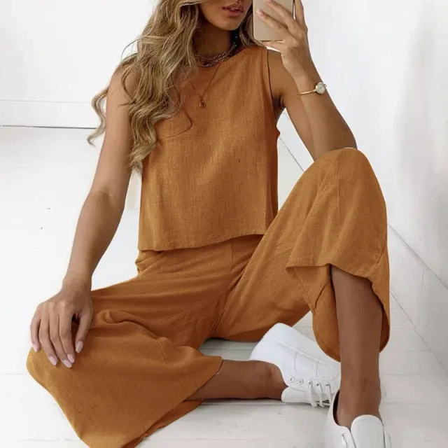 2 Piece Casual Sleeveless O-neck Shirt Loose Pants Suits Set