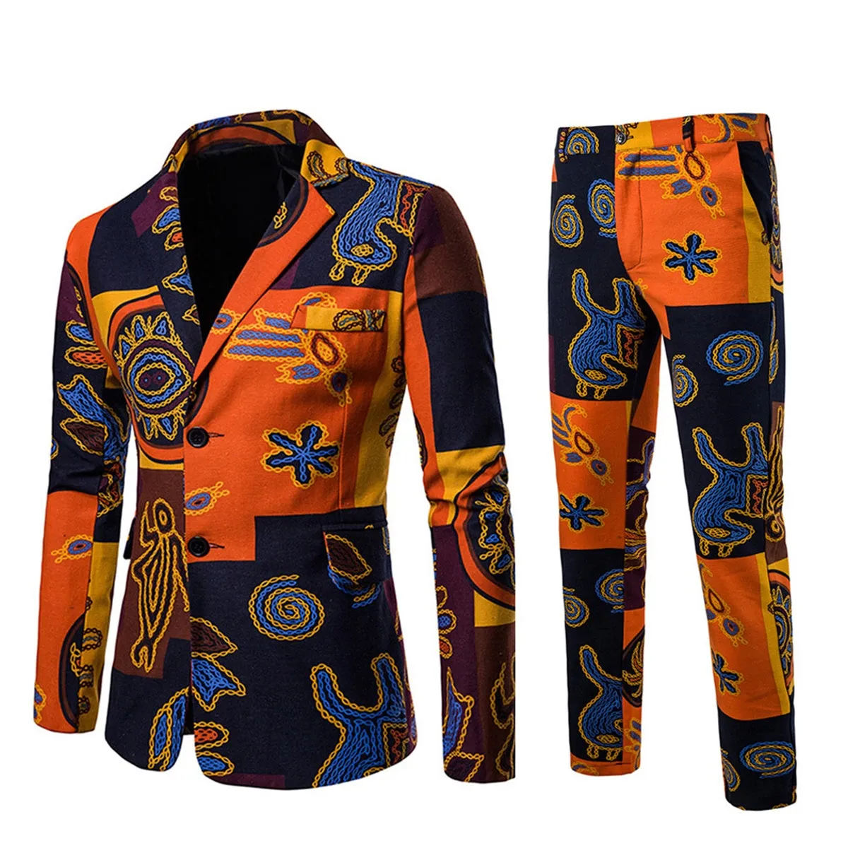 2-Piece Men's Two-Button Ethnic Style Print Suit