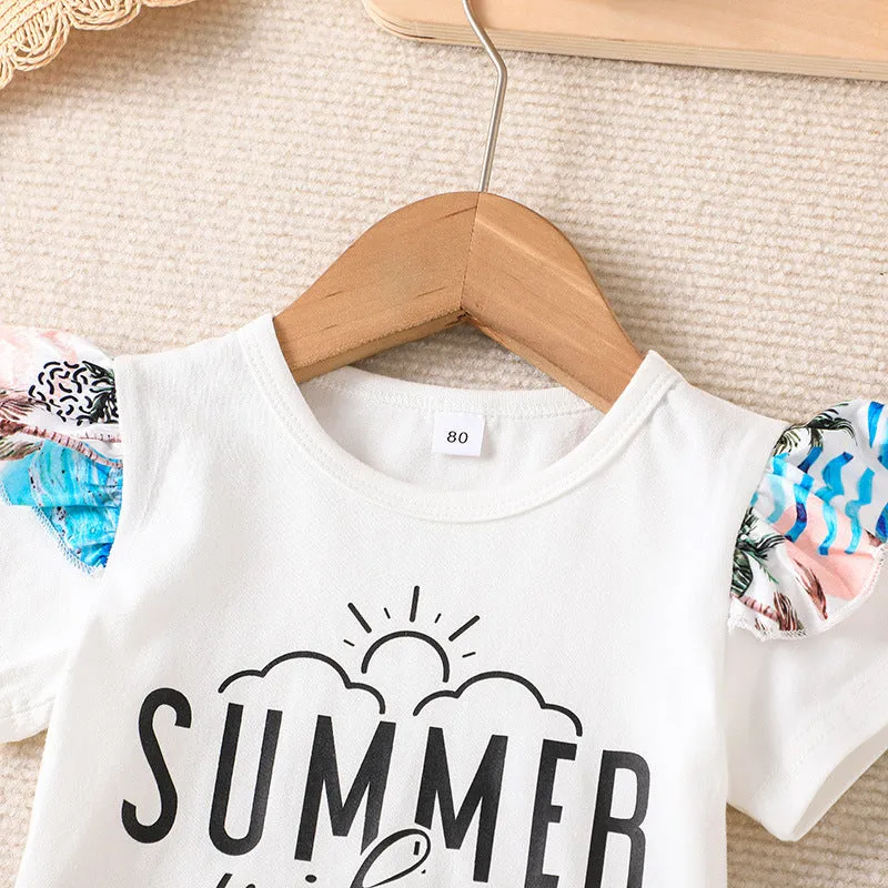 2023 Summer New Short Sleeve T-shirt trousers Two-piece Children's Summer Vacation Bell Bottoms Suit