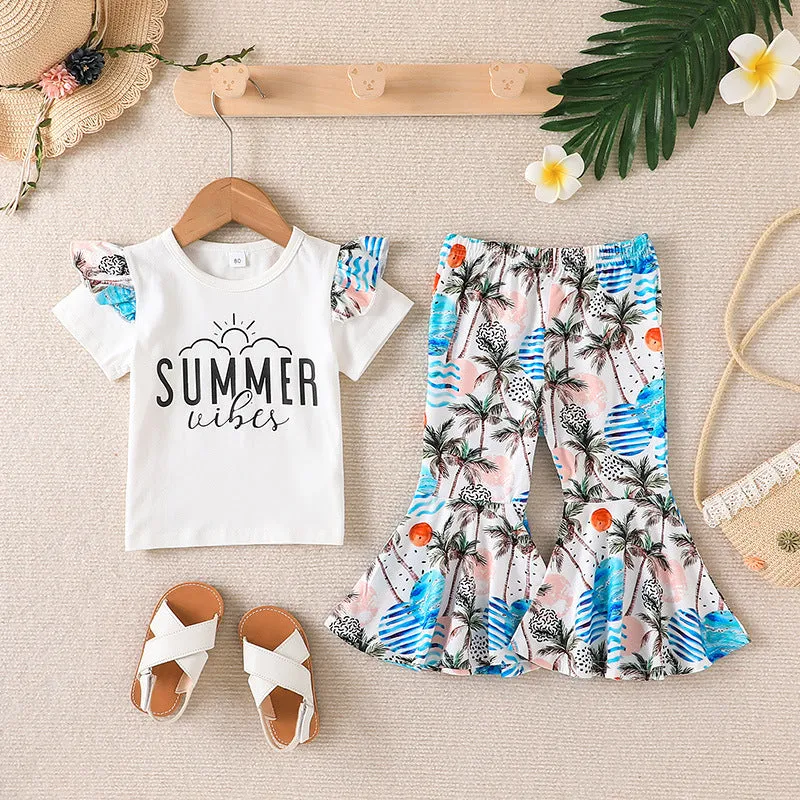 2023 Summer New Short Sleeve T-shirt trousers Two-piece Children's Summer Vacation Bell Bottoms Suit