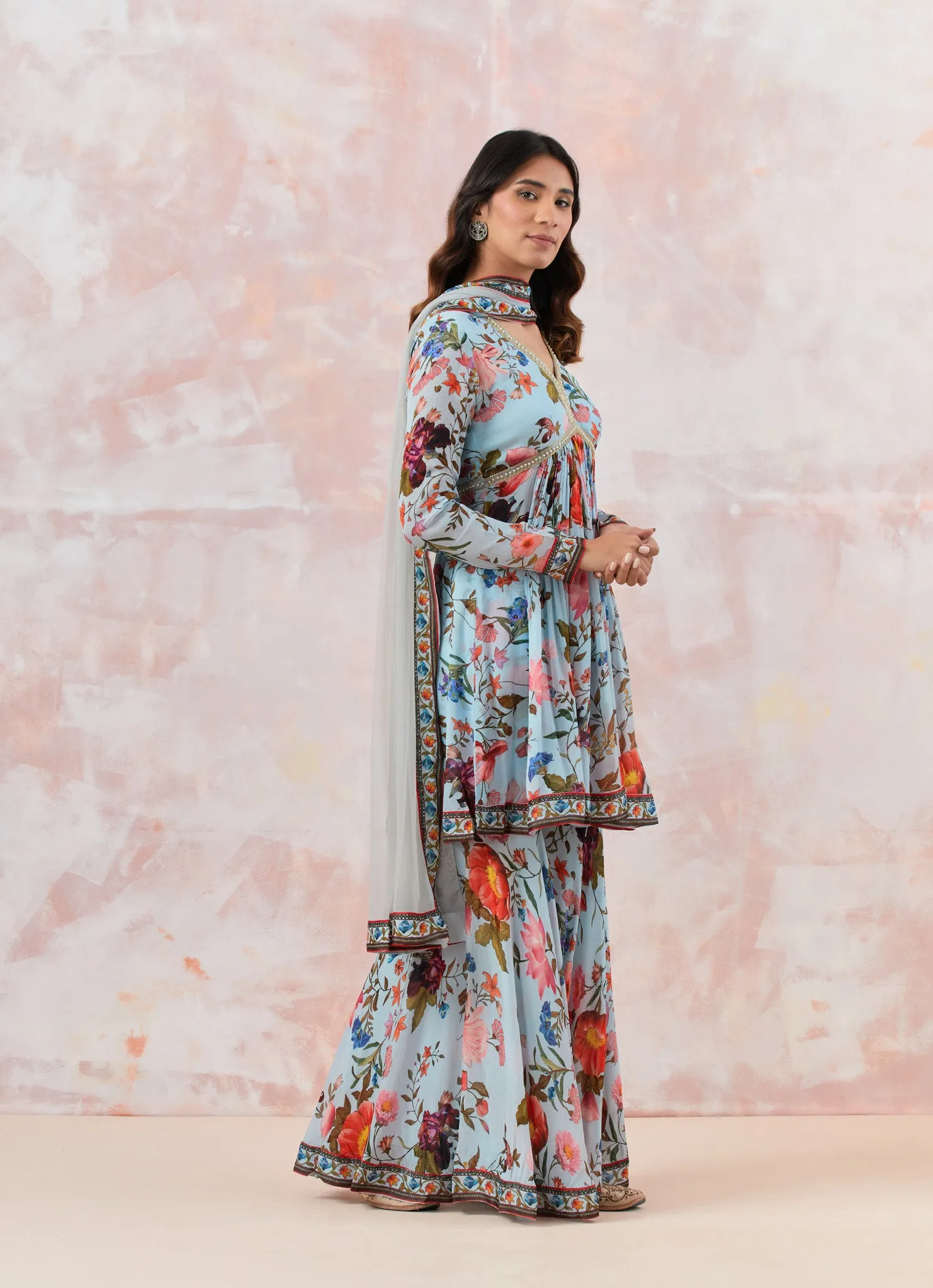 50Z873-RO lce Blue Floral Silk Sharara Suit Set