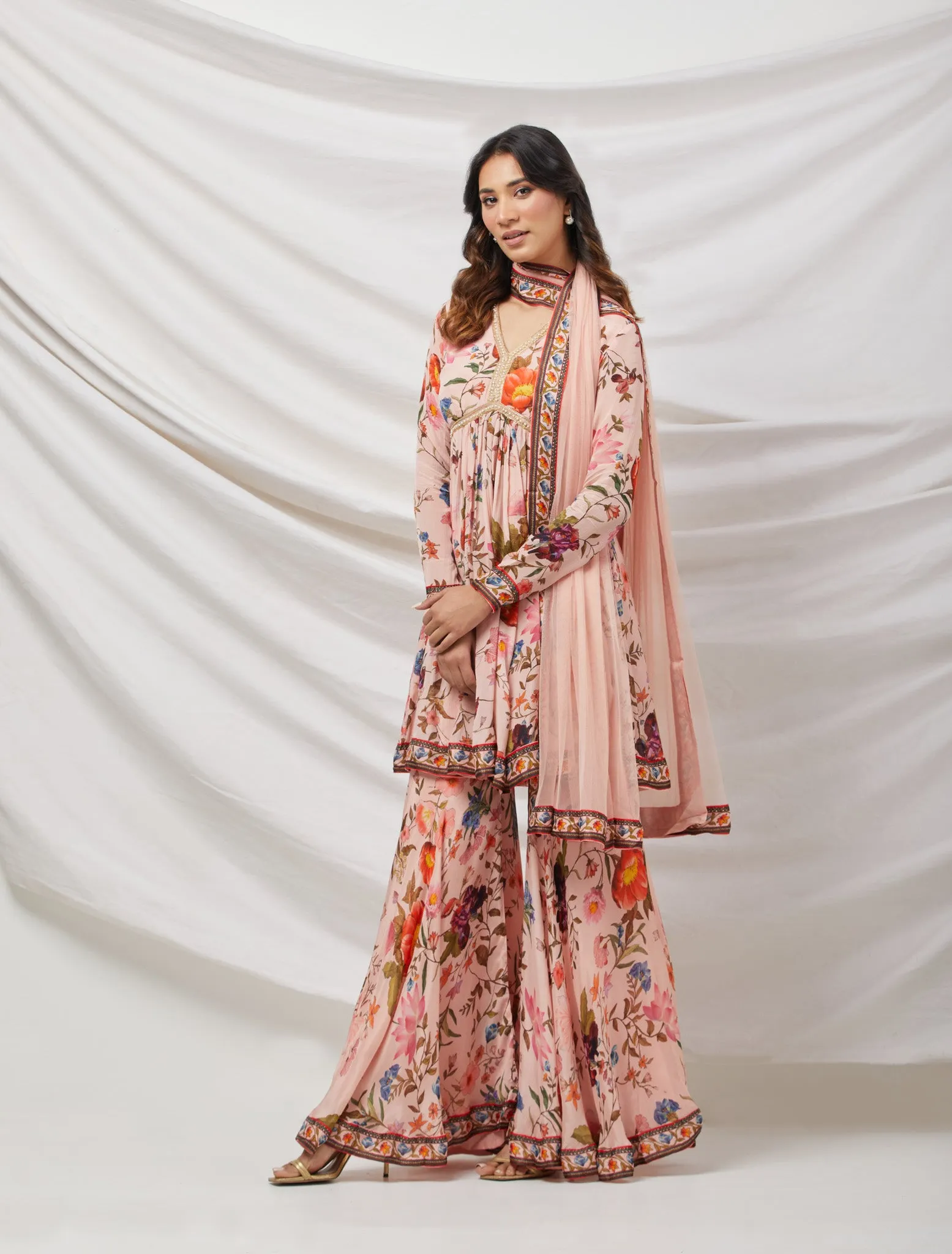 50Z875-RO Light Pink Floral Embroidered Silk Sharara Suit Set