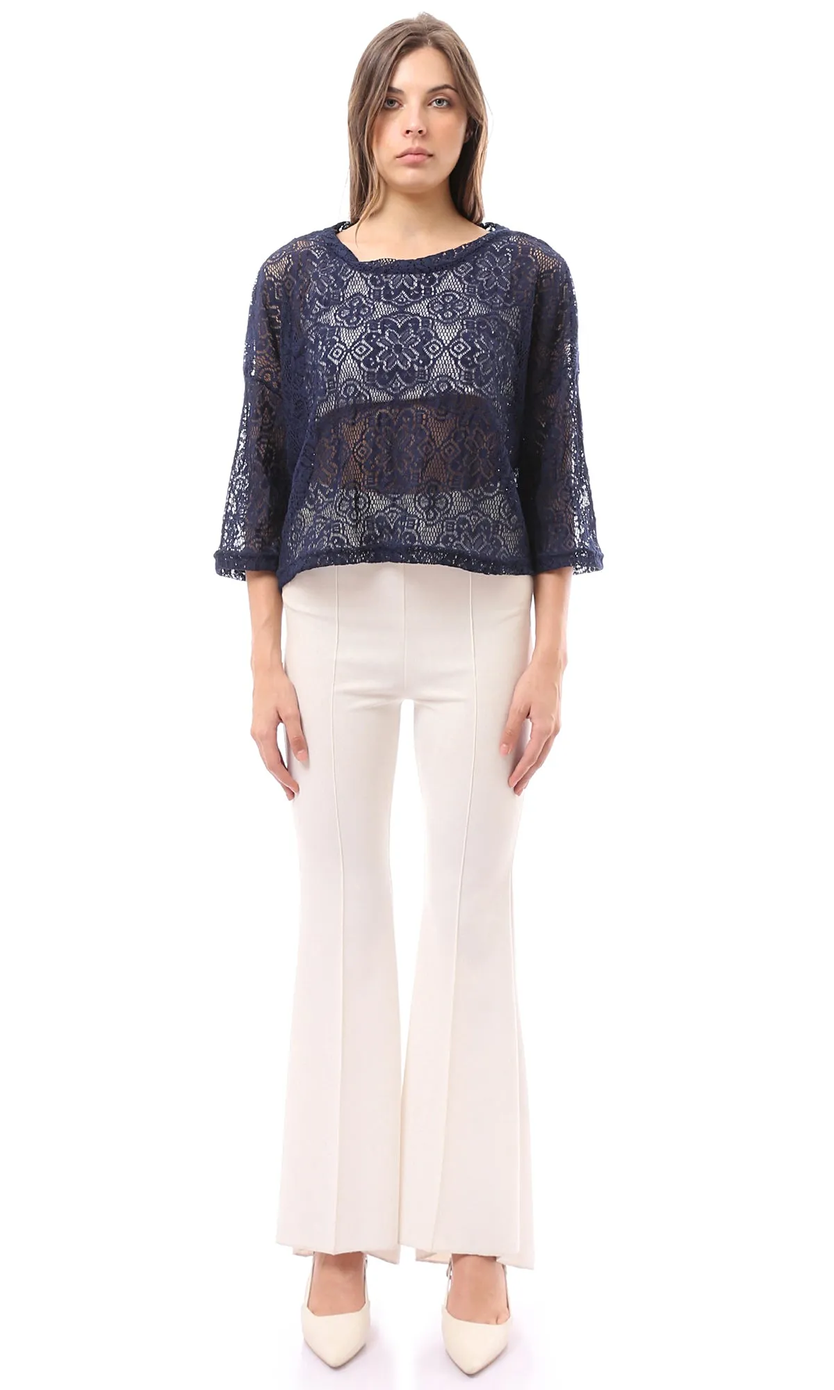 99005 Three Quarter Sleeves Navy Blue Lace Top