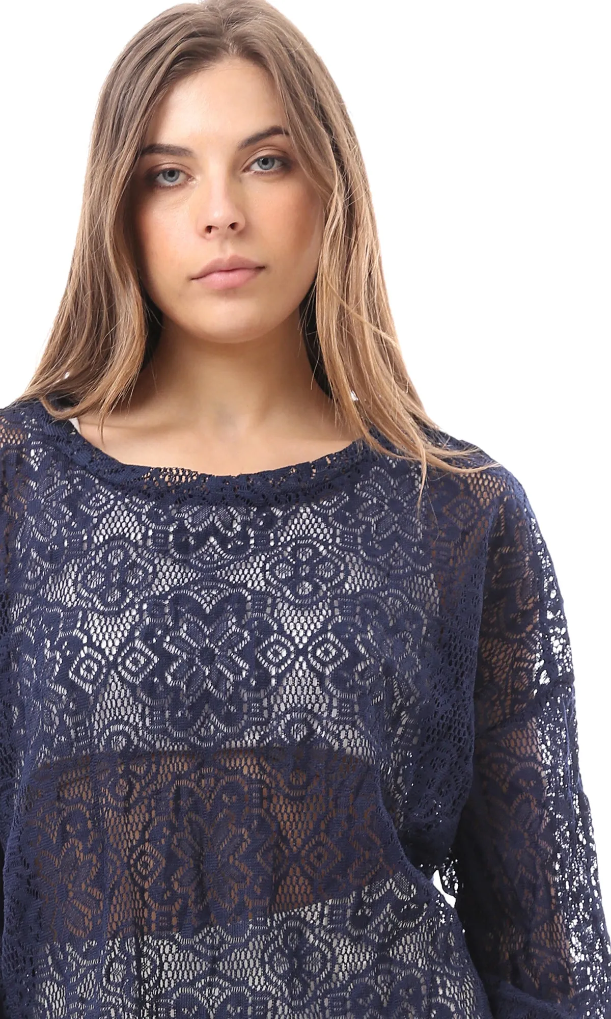 99005 Three Quarter Sleeves Navy Blue Lace Top