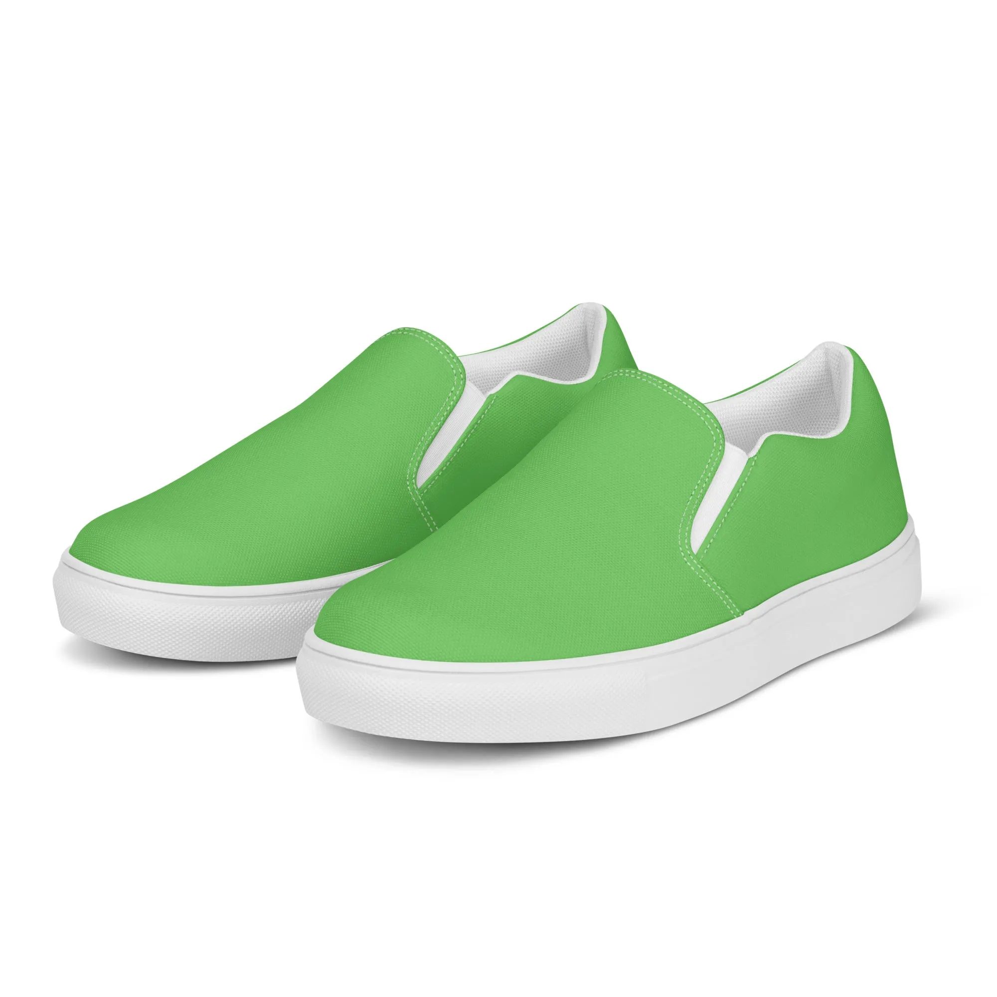 Apple Green Slip Ons For Men, Solid Bright Green Color Best Casual Breathable Men’s Slip-on Canvas Shoes (US Size: 5-13)