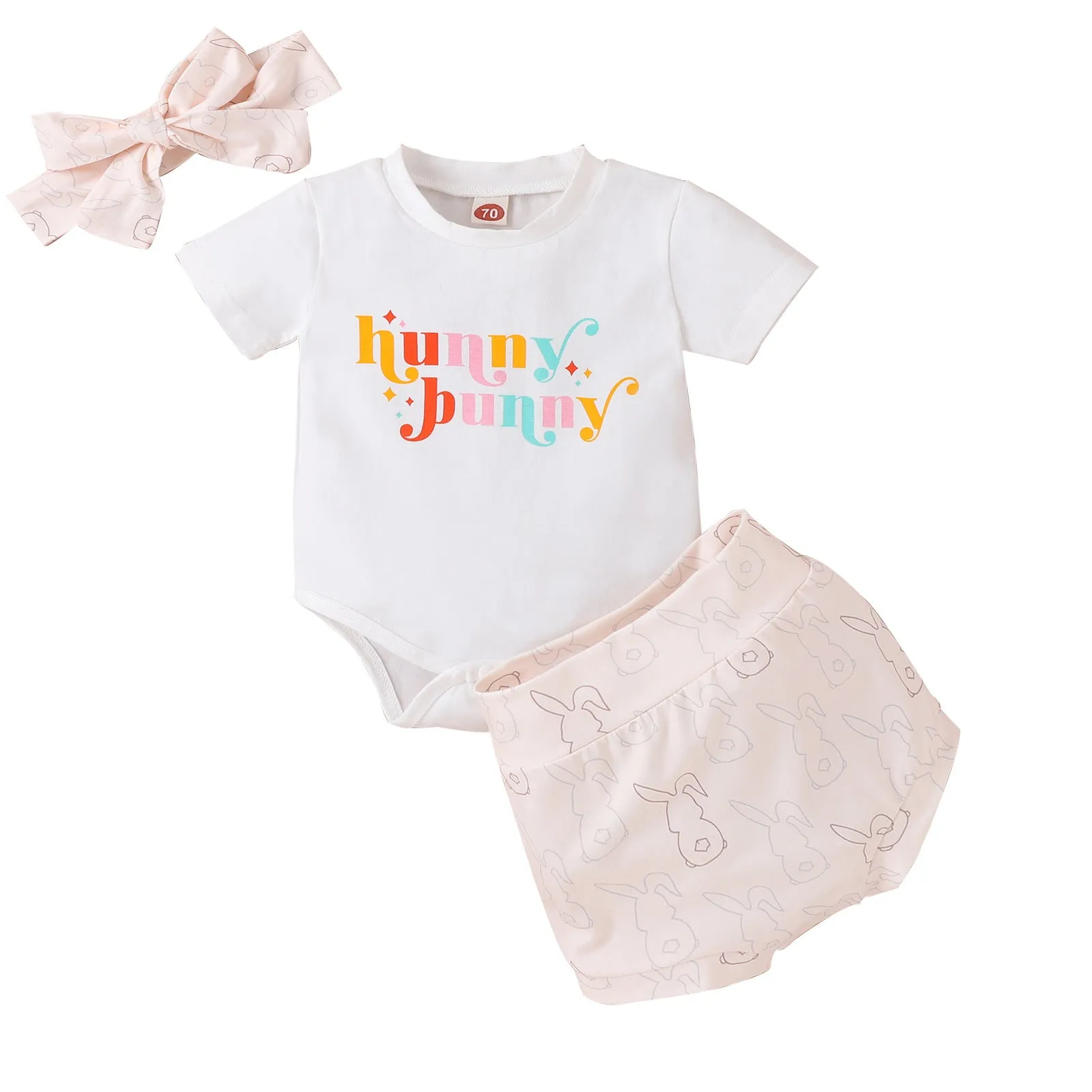 Baby Easter Short Sleeve Letter Rabbit Print Shorts Set