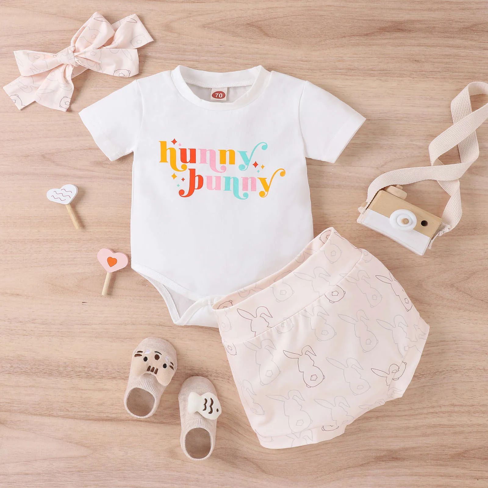 Baby Easter Short Sleeve Letter Rabbit Print Shorts Set