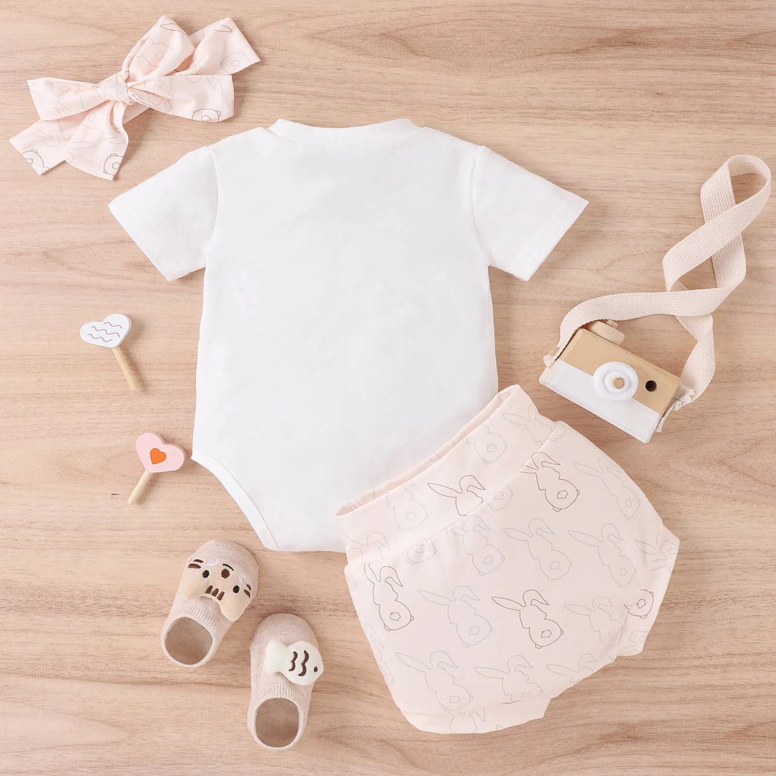 Baby Easter Short Sleeve Letter Rabbit Print Shorts Set