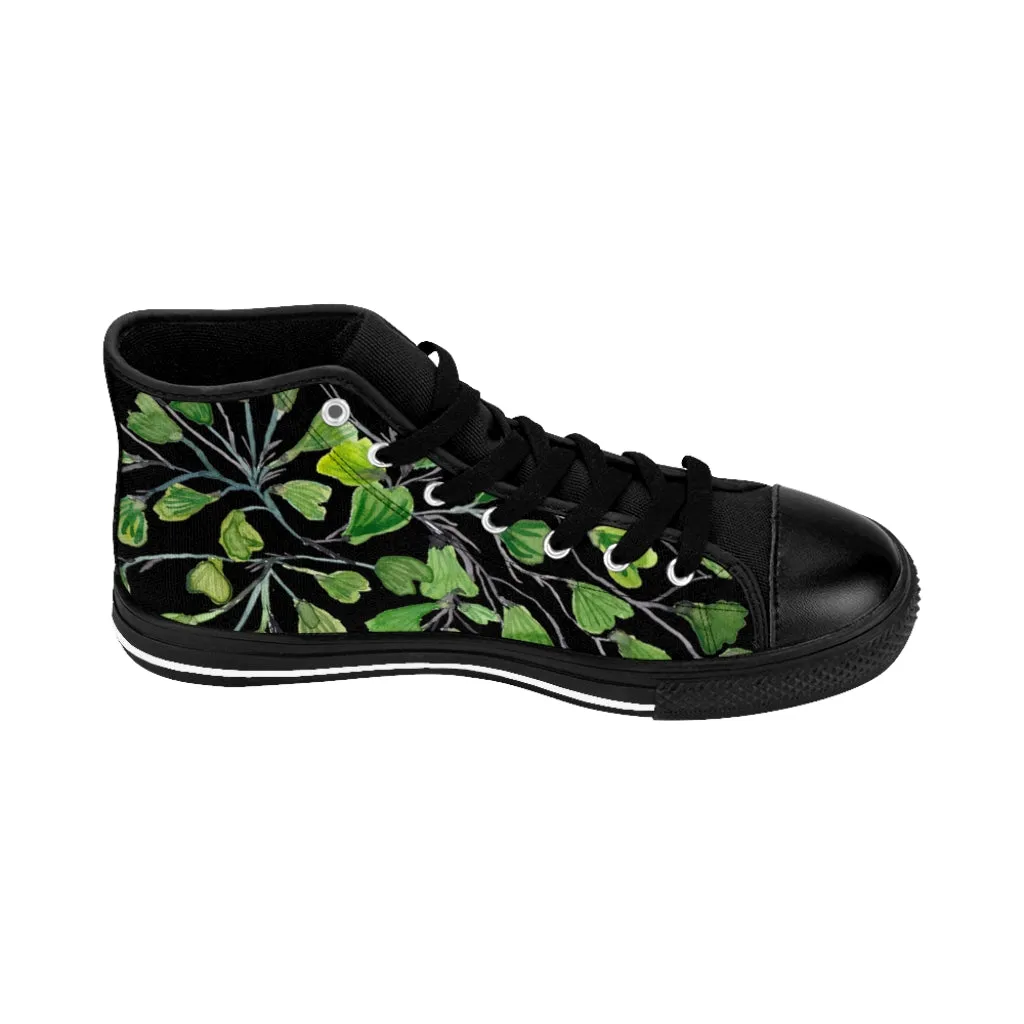 Black Green Maidenhair Men's Tennis Shoes, Tropical Print Designer Best High-top Sneakers For Men