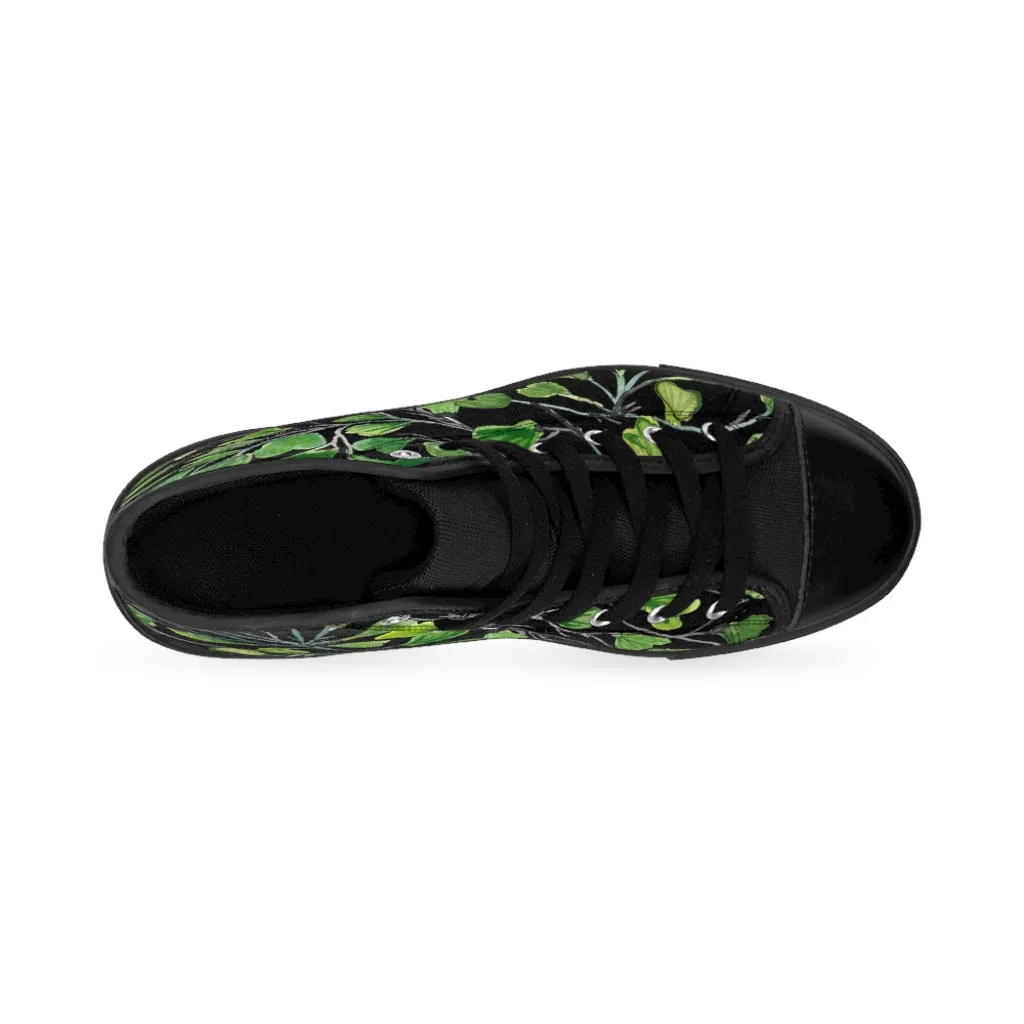 Black Green Maidenhair Men's Tennis Shoes, Tropical Print Designer Best High-top Sneakers For Men