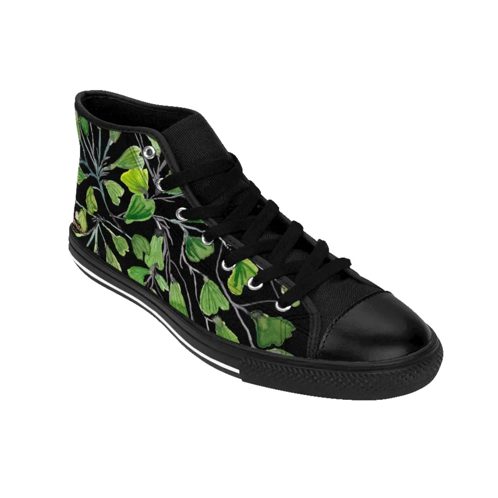 Black Green Maidenhair Men's Tennis Shoes, Tropical Print Designer Best High-top Sneakers For Men