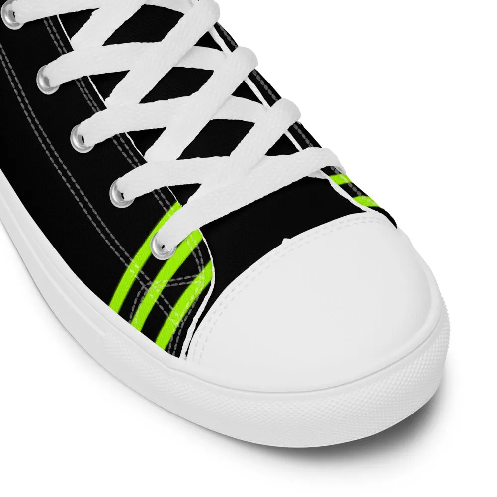 Black Green Striped Men's Sneakers, Vertical Stripes Premium High Top Tennis Shoes For Men