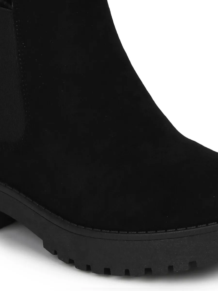 Black Micro Slip On Low Heel Ankle Boots