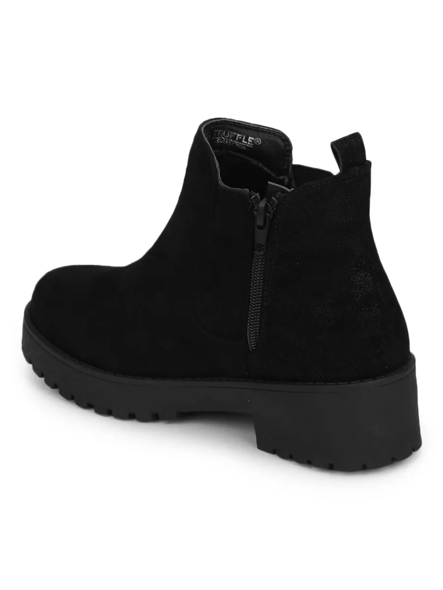 Black Micro Slip On Low Heel Ankle Boots