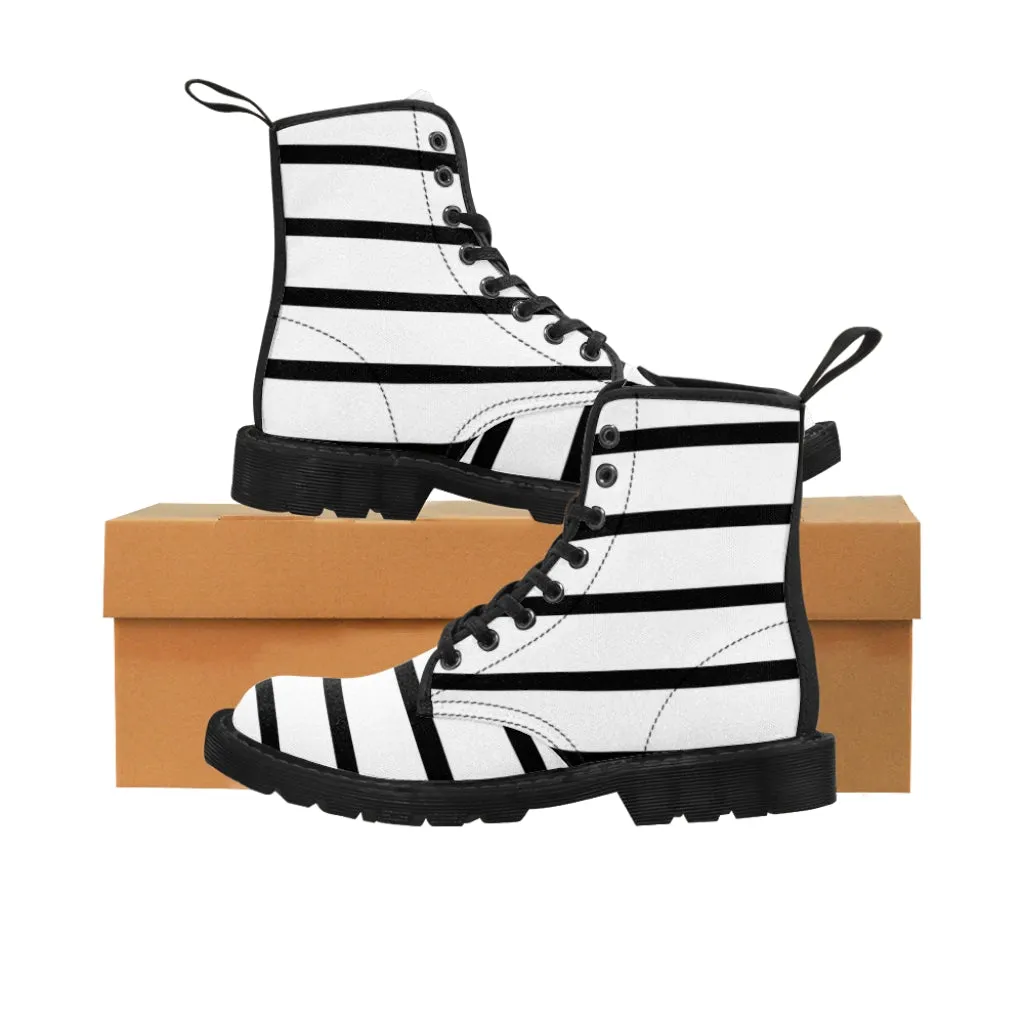 Black Striped Print Men's Boots, Horizontal Stripes Modern Best Hiking Winter Boots Laced Up Shoes For Men