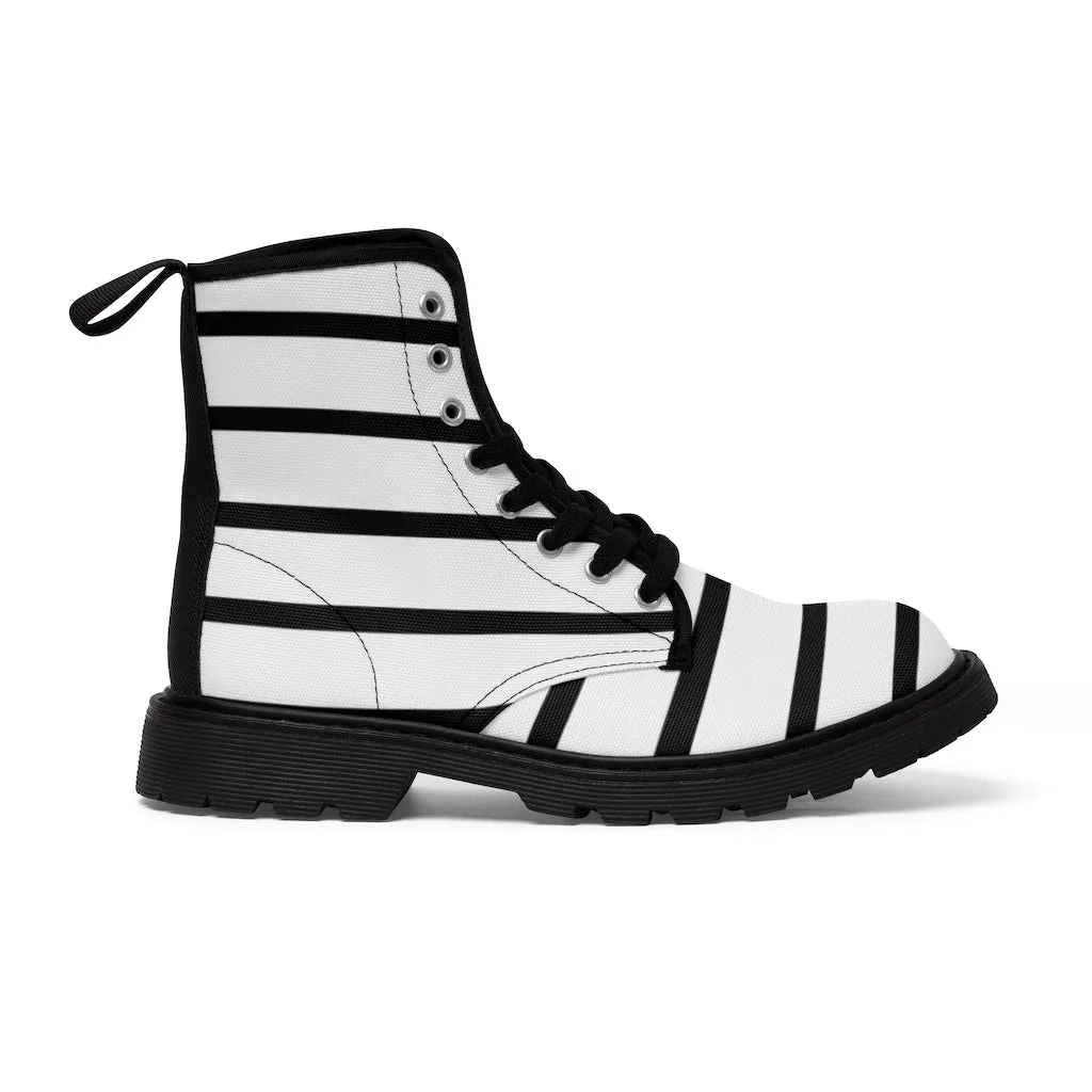 Black Striped Print Men's Boots, Horizontal Stripes Modern Best Hiking Winter Boots Laced Up Shoes For Men