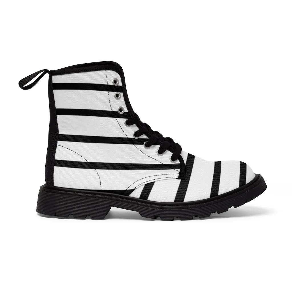 Black Striped Print Men's Boots, Horizontal Stripes Modern Best Hiking Winter Boots Laced Up Shoes For Men