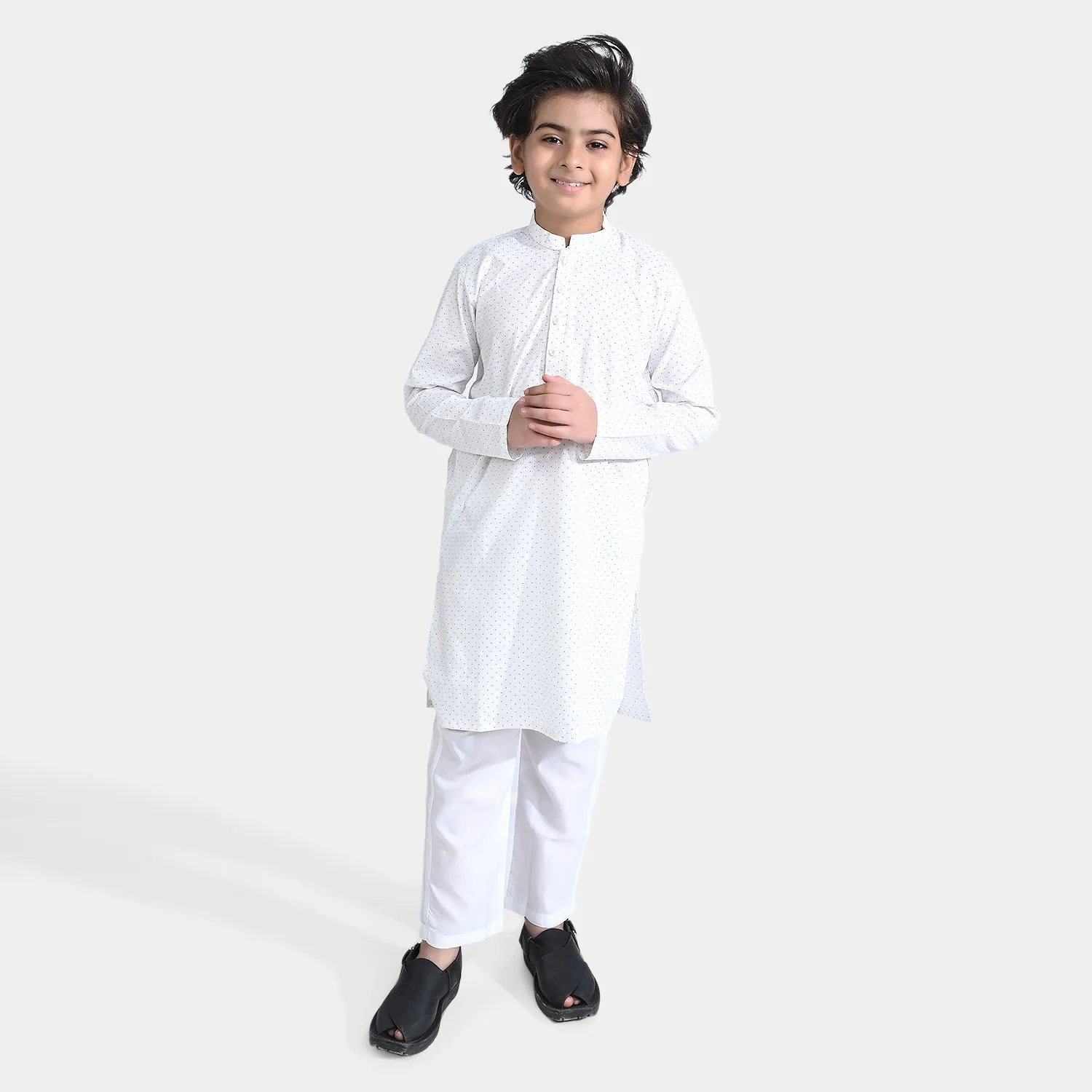 Boys Poly Viscose Shalwar Suit Dots -White