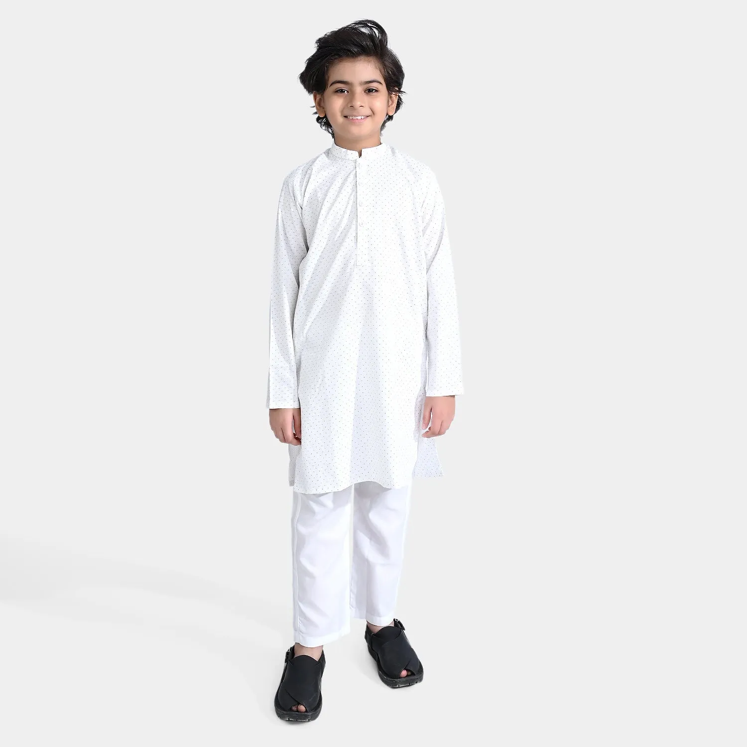 Boys Poly Viscose Shalwar Suit Dots -White