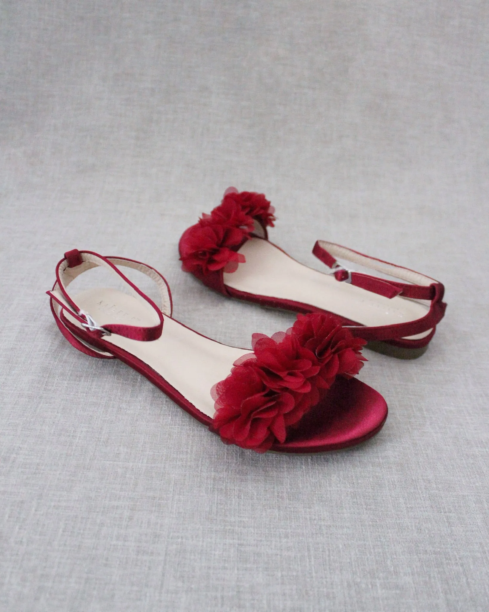 Burgundy Satin Flat Sandal with Chiffon Flowers and Ankle Strap