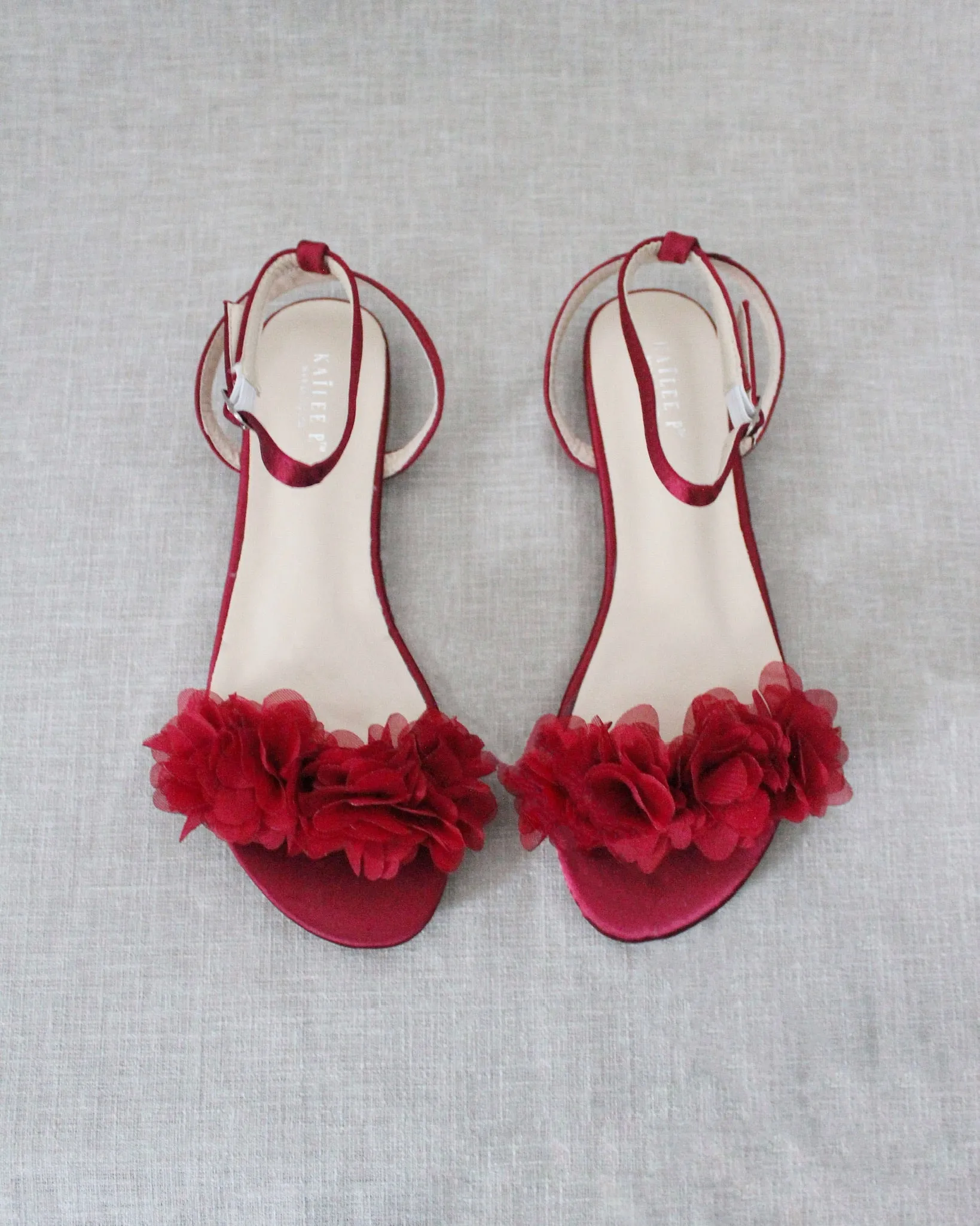 Burgundy Satin Flat Sandal with Chiffon Flowers and Ankle Strap