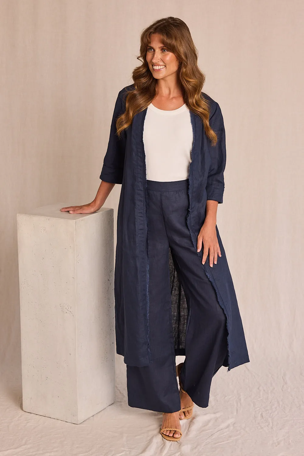 Camille Linen Wide Leg Pant in Navy