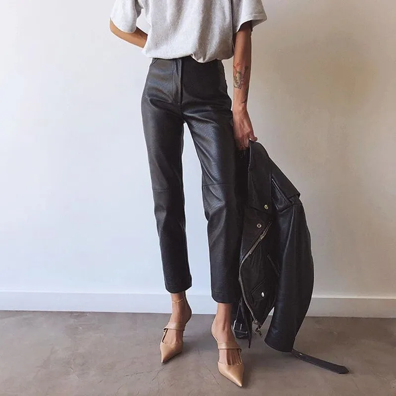 Classic Casual Faux  Leather Pants