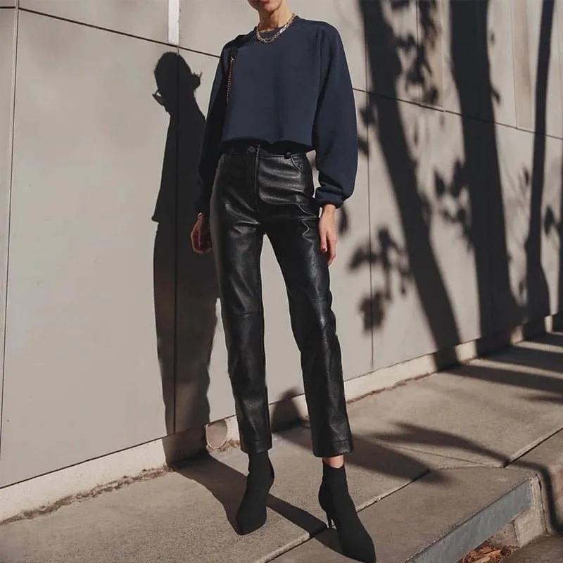 Classic Casual Faux  Leather Pants