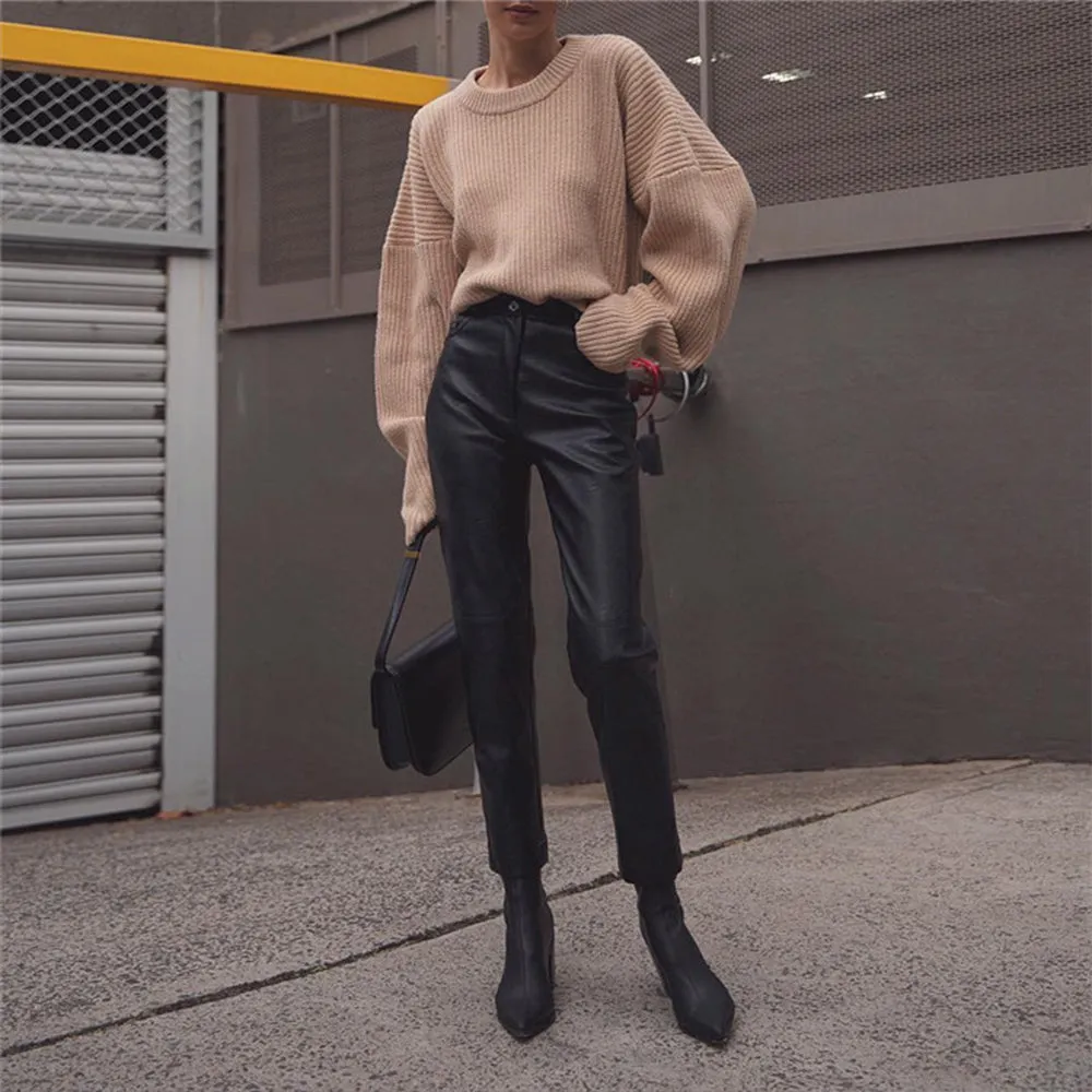 Classic Casual Faux  Leather Pants