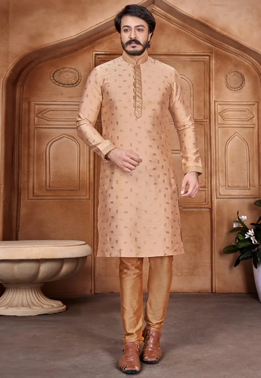 Designed Men's Pure Jacquard Leaf Work Kurta Pajama Set