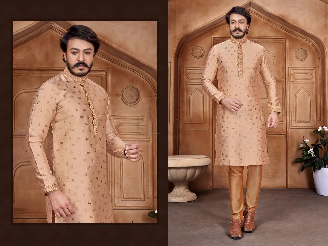 Designed Men's Pure Jacquard Leaf Work Kurta Pajama Set