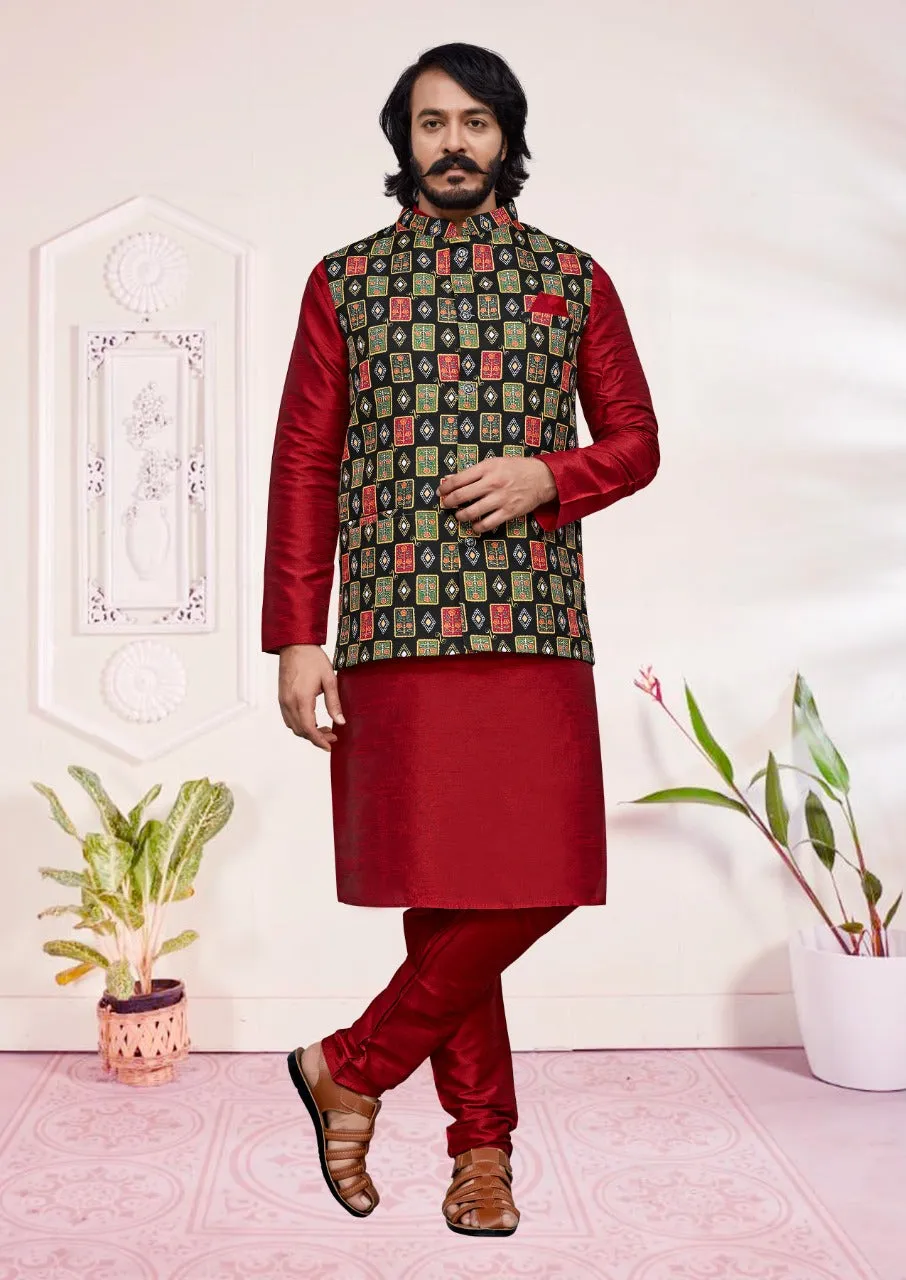 Digital Printed Art Silk Kurta Jacket Set In Maroon