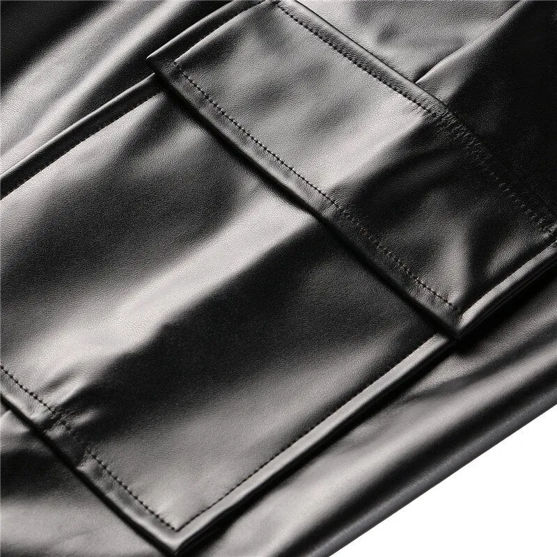 Elastic Solid Drawstring Faux Leather Pants