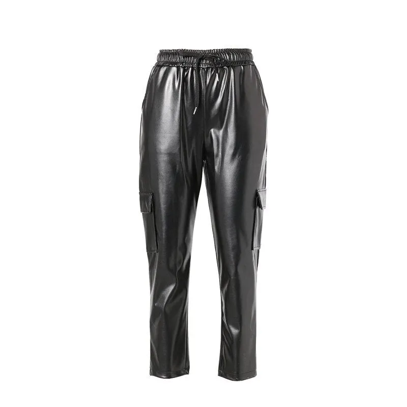 Elastic Solid Drawstring Faux Leather Pants