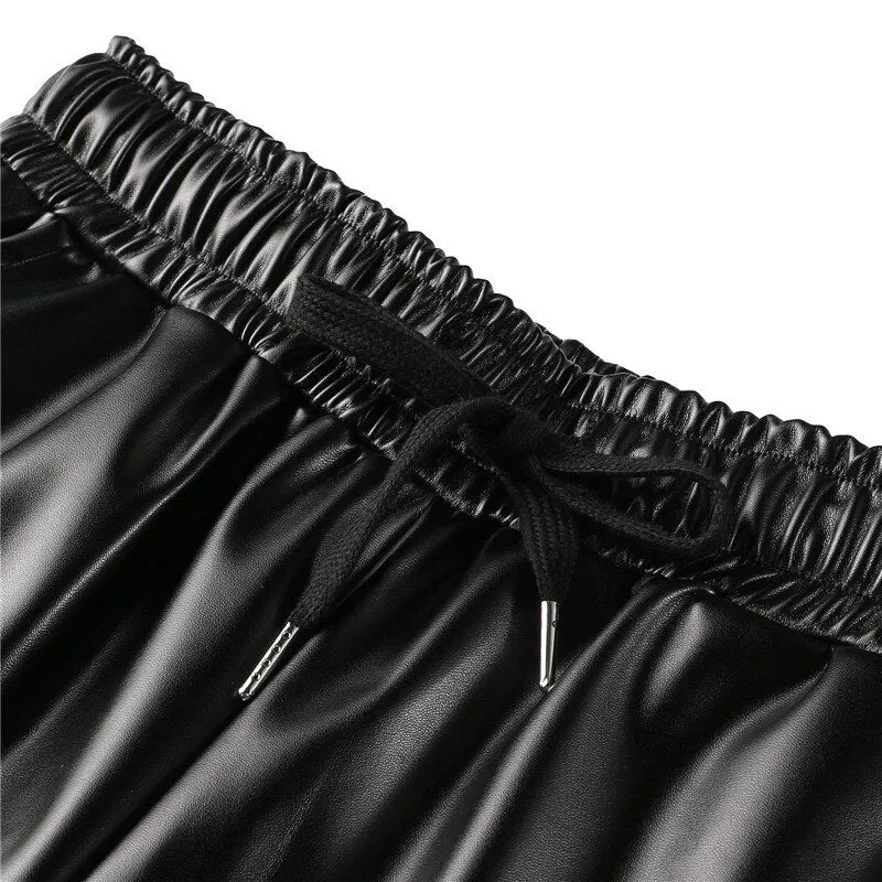 Elastic Solid Drawstring Faux Leather Pants