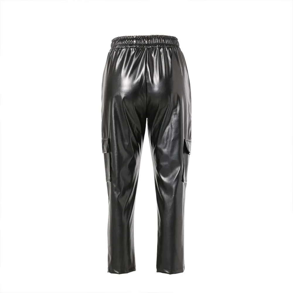 Elastic Solid Drawstring Faux Leather Pants