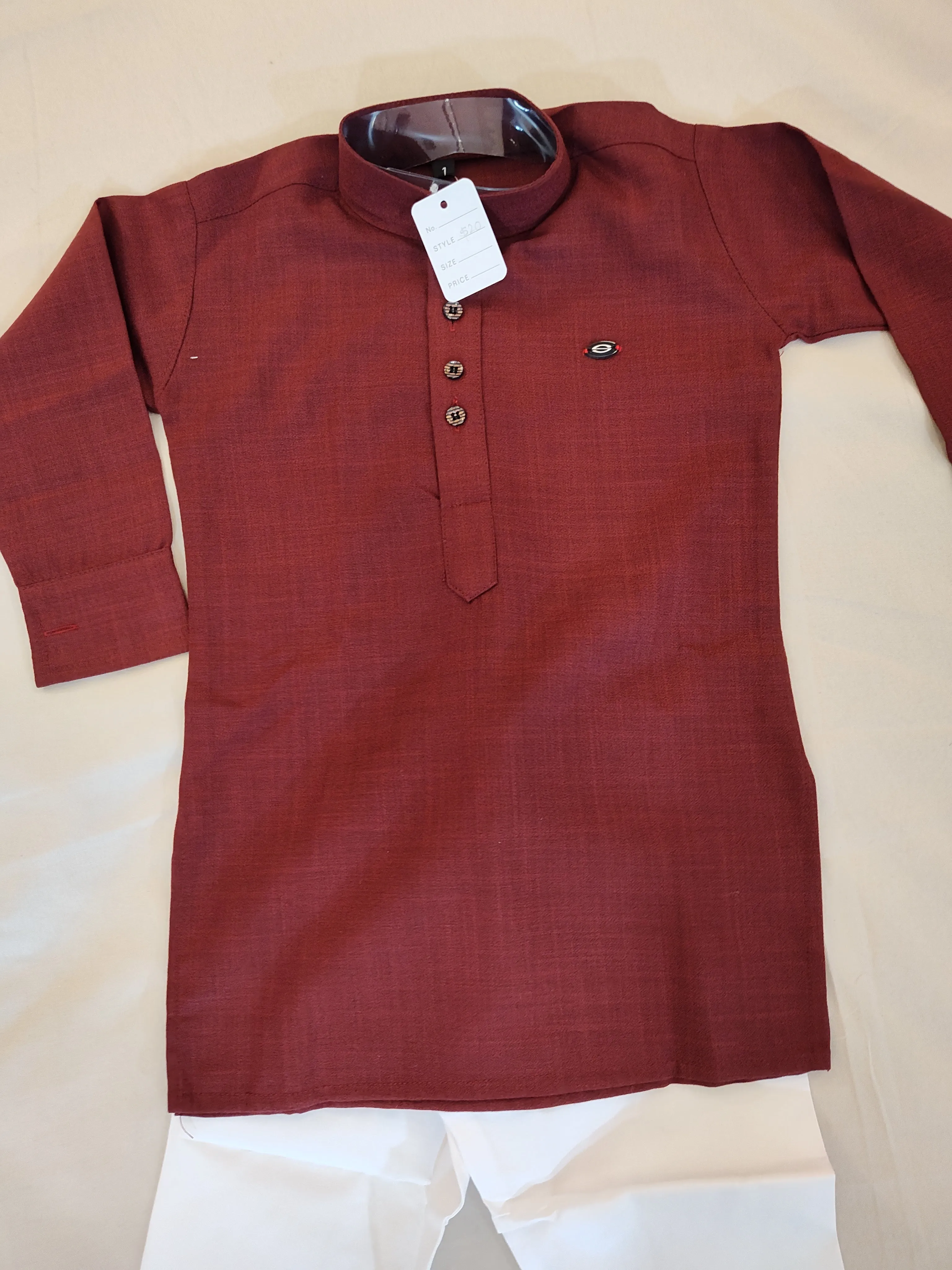 Elegant Maroon Color Cotton Kurta With Pajama Pants For Kids