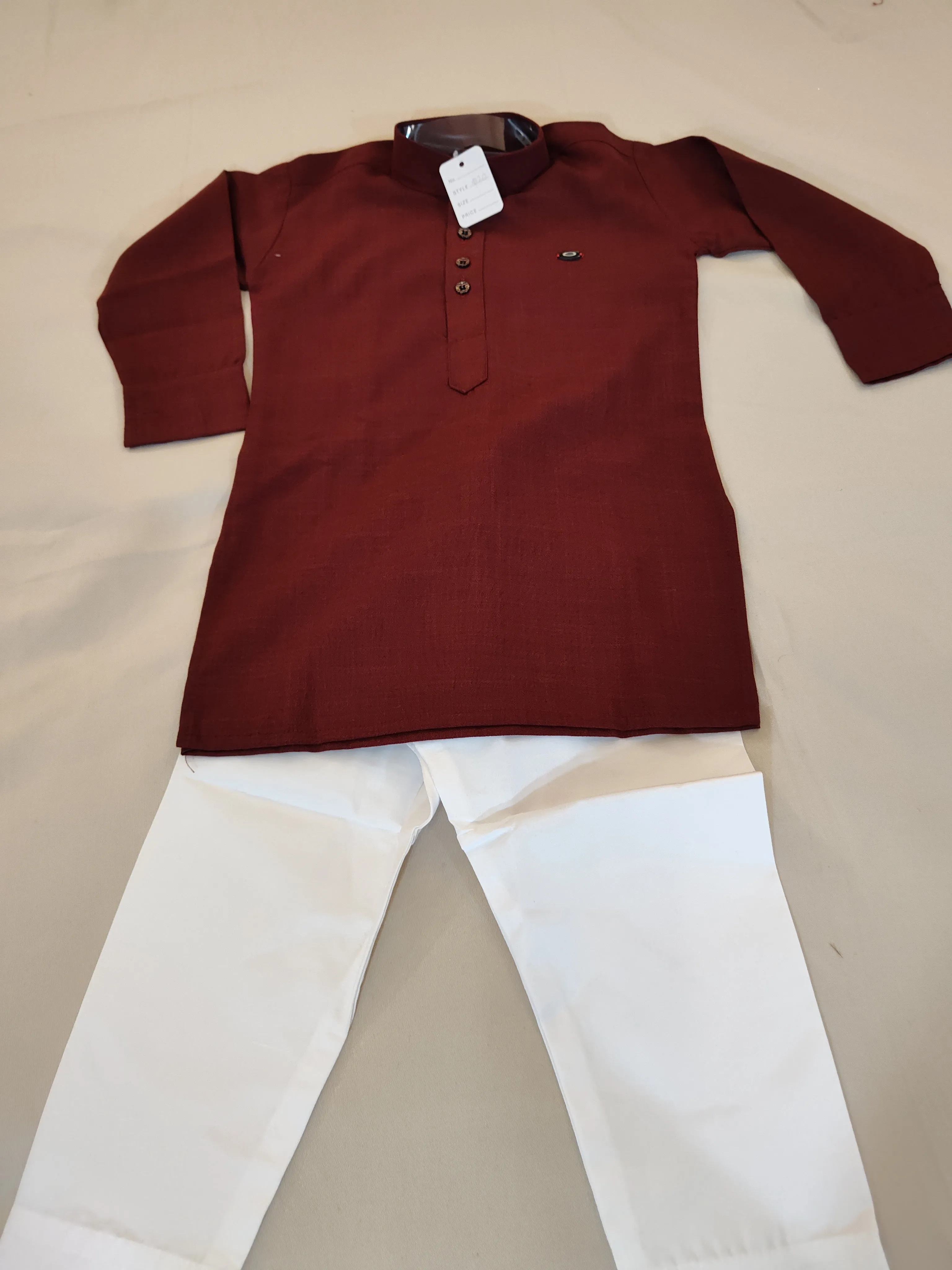 Elegant Maroon Color Cotton Kurta With Pajama Pants For Kids