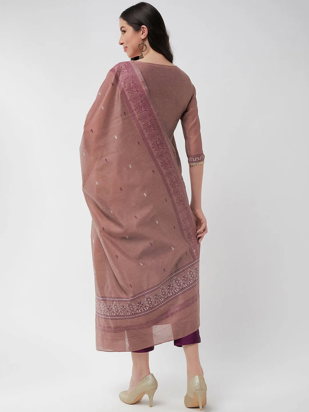 Festive Jacquard Neck Patch Kurta With Dupatta And Matching Pants