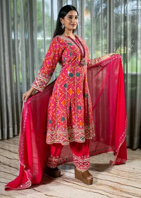 Flared Hot Pink Anarkali Crepe Silk Dress