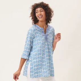 Flora Blue blu Cotton Embroidered Kurta Tunic