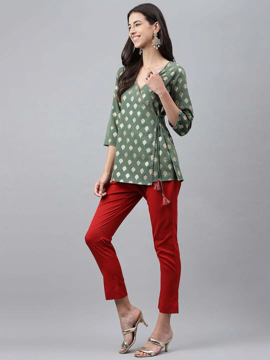 Green Crepe Foil Printed Top with Pant