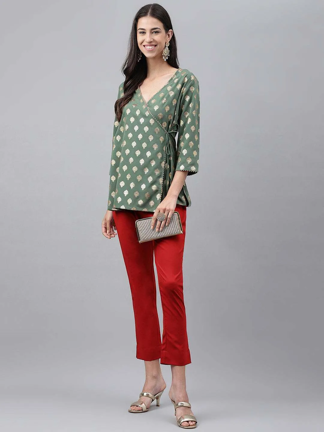 Green Crepe Foil Printed Top with Pant