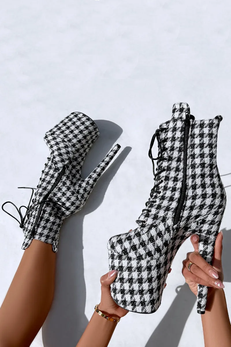 Stylish 8-Inch Houndstooth Heeled Boots – Chic and Trendy Footwear