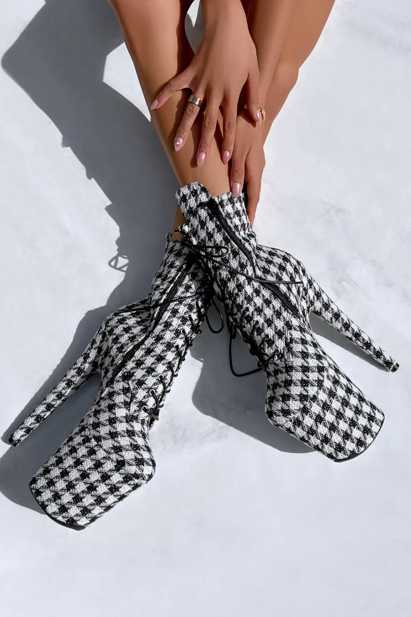 Stylish 8-Inch Houndstooth Heeled Boots – Chic and Trendy Footwear