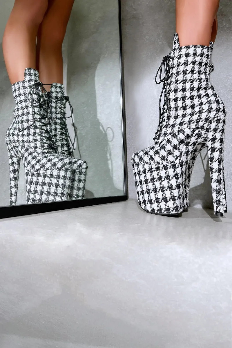 Stylish 8-Inch Houndstooth Heeled Boots – Chic and Trendy Footwear