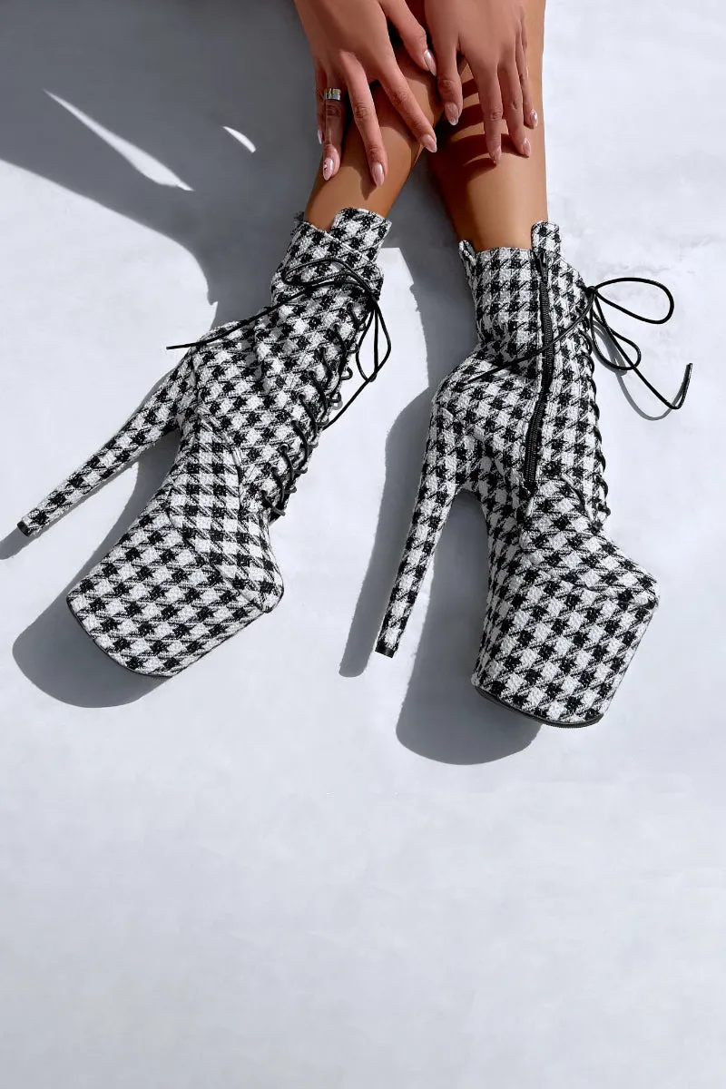 Stylish 8-Inch Houndstooth Heeled Boots – Chic and Trendy Footwear