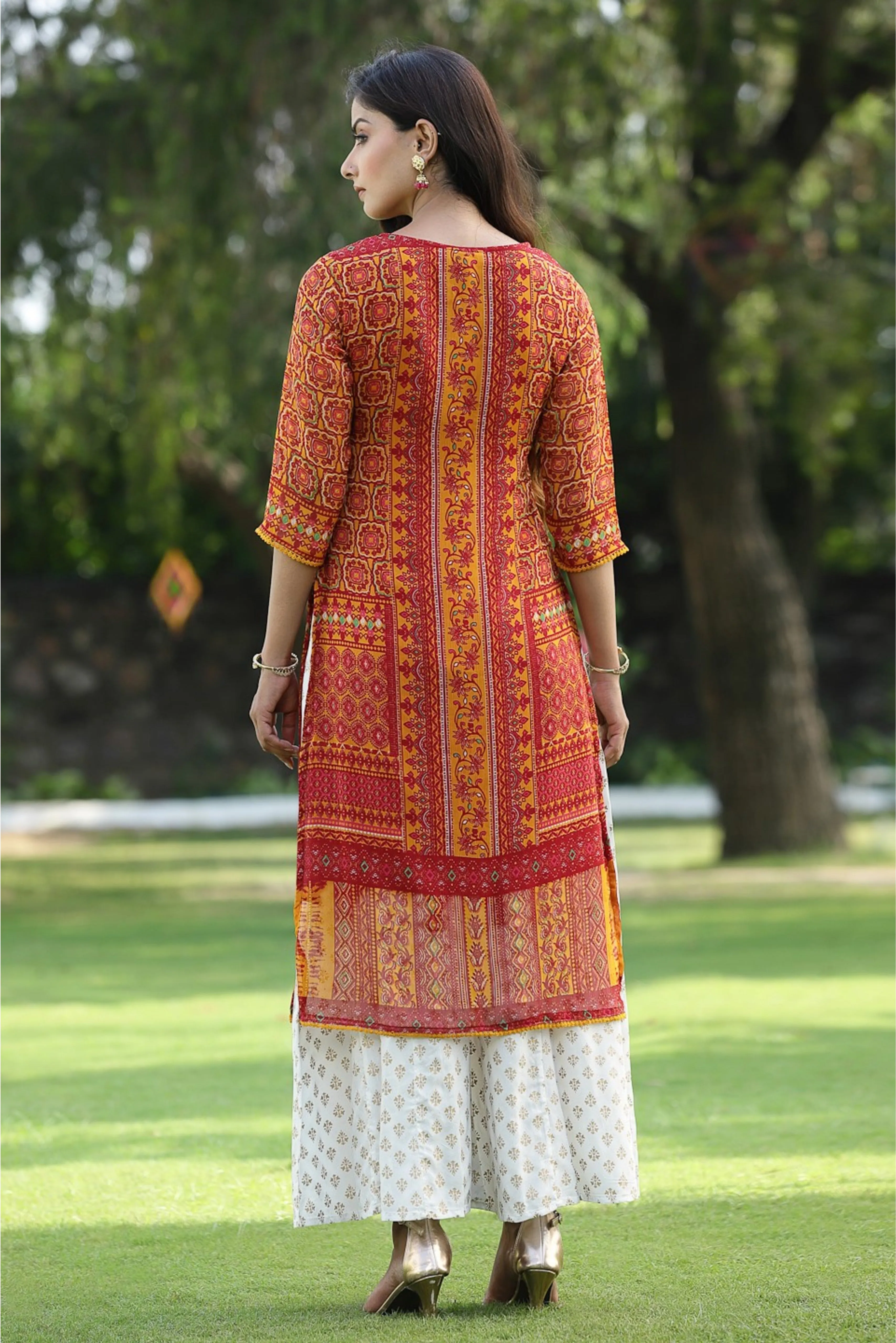 Juniper Mustard Chiffon Ethnic Motif Printed Straight Kurta With Tie-Ups