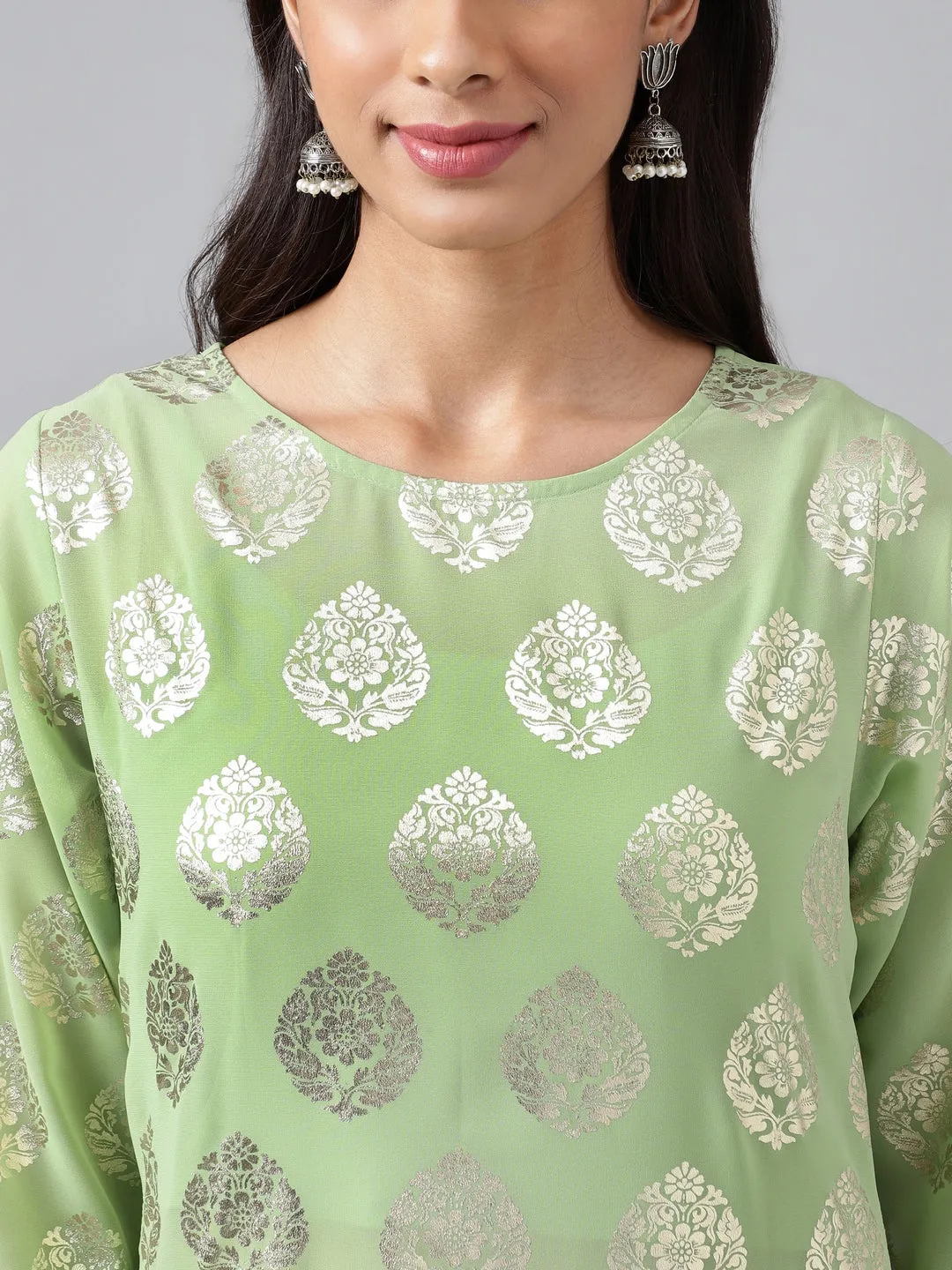 Light Green Georgette Foil Printed Kurta with Pants and crop top